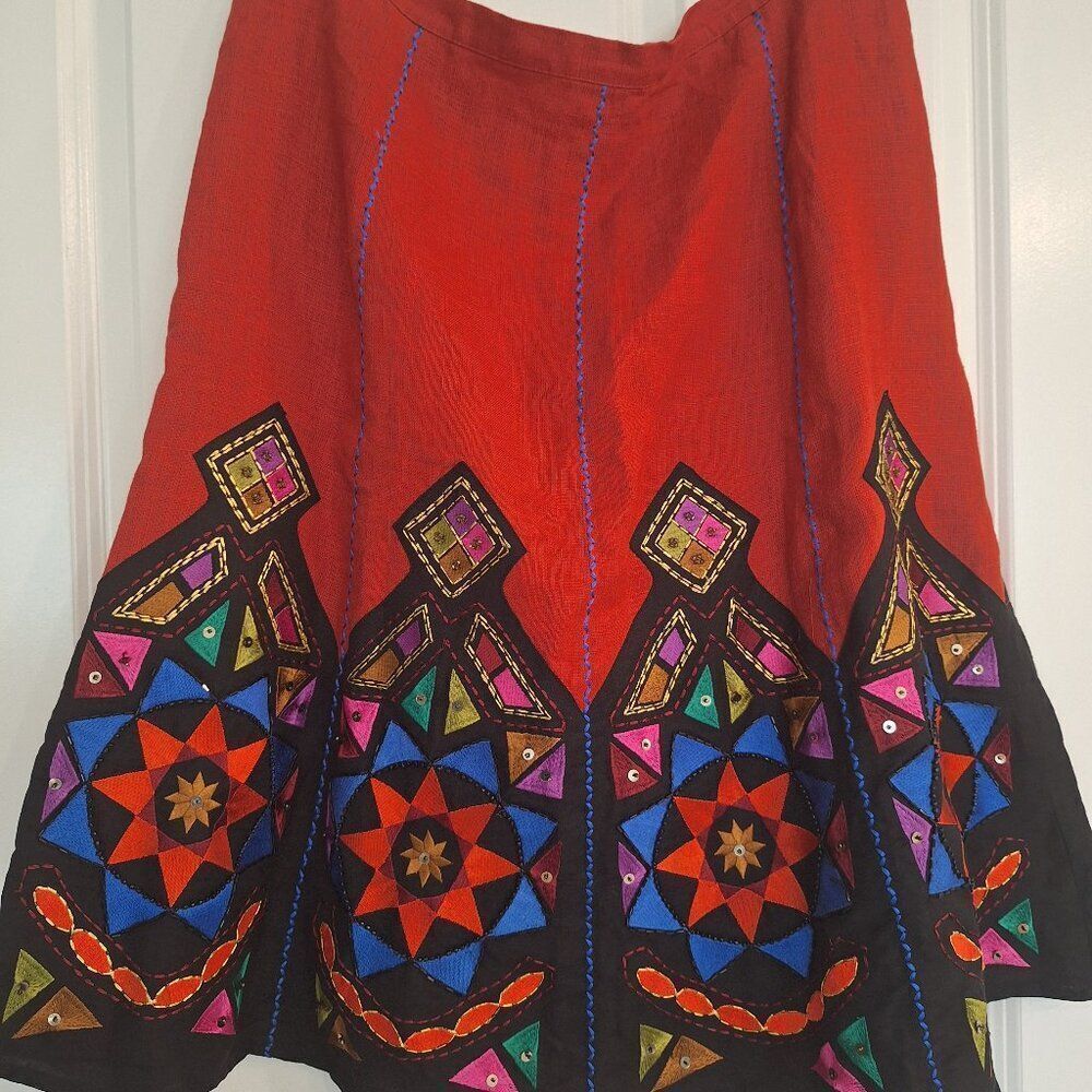 Linea by Louis Dell'Olio red‎ with embroidery  linen skirt size L vintage